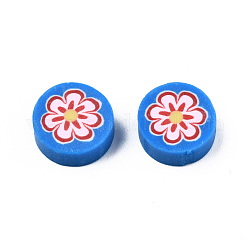 Manuell Polymer Ton Perlen, flach rund mit Blume, Verdeck blau, 9~10x4~4.5 mm, Bohrung: 1.2~1.8 mm