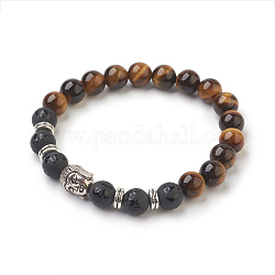 Natural Tiger Eye Beads and Natural Frosted Agate Beads Stretch Bracelets, with Tibetan Style Beads, Round, 2-1/8 inch(5.4cm), Bag: 12x8.5x3cm
