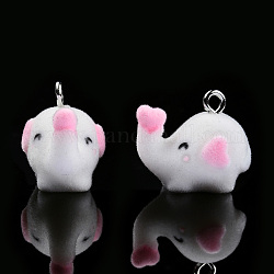 Opaque Resin Pendants, with Platinum Tone Iron Loops, Flocky Elephant Charm, White, 19x15x21mm, Hole: 2.5mm
