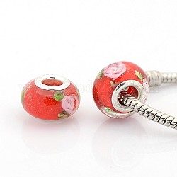 Handmade Lampwork European Large Hole Rondelle Beads, Inner Flower, with Silver Plated Brass Double Cores, Red, 15x10mm, Hole: 5mm