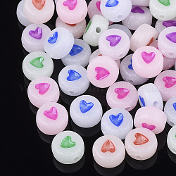 Luminous Acrylic Beads, Flat Round with Heart, Mixed Color, 7x3.5~4mm, Hole: 1.2mm, about 3590pcs/500g