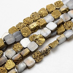 Plated Natural Agate Beads Strands, Druzy Agate, Square, Dark Goldenrod, 12x12x6~7mm, Hole: 1mm