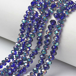 Chapelets de perles en verre électroplaqué, demi-plaqué, arc-en-ciel plaqué, facette, rondelle, bleu, 4x3mm, Trou: 0.4mm, Environ 123~127 pcs/chapelet, 16.5~16.9 pouce (42~43 cm)