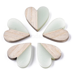 Cabochons bicolores en résine et bois, cœur, turquoise pale, 15x14.5x3mm