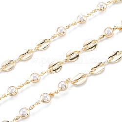 Handmade Brass Beaded Chain, Coffee Chain, with CCB Plastic Beads, Long-Lasting Plated, with Spool, Unwelded, Light Gold, White, oval: 8.5x7x1.5mm, bead: 12x6x5mm, 32.8 Feet(10m)/roll