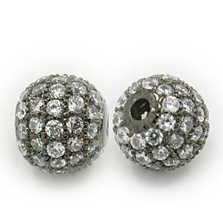 Brass Cubic Zirconia Beads, Round, Gunmetal, 8x8mm, Hole: 1.5mm
