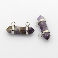 Natural Amethyst Hexagon Double Terminated Pointed Pendants, with Platinum Tone Brass Findings, 14x29~35x10mm, Hole: 3mm