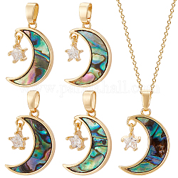BENECREAT 5Pcs Brass Clear Cubic Zirconia Pendants, with Synthetic Abalone Shell/Paua Shells, Moon with Star Charms, Real 18K Gold Plated, Nickel Free, Colorful, 19x13x2mm, Hole: 2.5x5mm