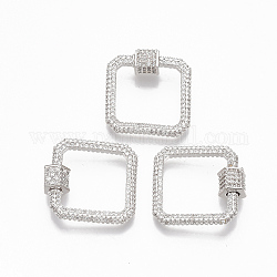 Laiton micro pave clair zircone cubique vis mousqueton charmes de verrouillage, pour la fabrication de colliers, carrée, platine, 21x22.5x3mm, vis: 6x6.5 mm