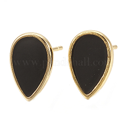 Brass Stud Earring Findings, with Enamel and Loop, Teardrop, Nickel Free, Real 18K Gold Plated, Black, 12x8mm, Hole: 1.2mm, Pin: 0.7mm
