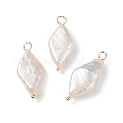 Colgantes de perlas keshi naturales, encanto de rombo, perla cultivada de agua dulce, con bucles de latón chapado en oro real de 18k, blanco cremoso, 22.5~24.5x10~10.5x5~5.5mm, agujero: 2~2.5 mm