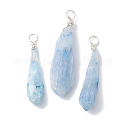 Pendentifs teints en cristal de quartz naturel galvanisé, Breloques en forme de larme avec boucles en fil de cuivre plaqué couleur argent, bleu ciel, 30~38x9.5~15x7~11mm, Trou: 4mm