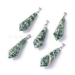 Colgantes puntiagudos de jade qinghai natural, con presillas de latón platino, bala, 35.3~38x13~14mm, agujero: 6.5x2.8 mm