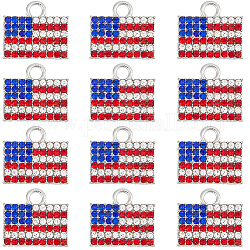 Sunnyclue 18 pièces pendentifs en alliage pour le jour de l'indépendance, avec strass, platine, breloque drapeau rectangle, colorées, 14.5x16.5x2mm, Trou: 2.6mm