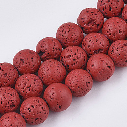 Brins de perles de pierre de lave naturelle peintes à la bombe, ronde, rouge, 10~11mm, Trou: 1.4mm, Environ 37~39 pcs/chapelet, 14.96 pouce (38 cm)