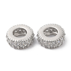 Ottone micro spianare perline europei zirconi, perline con foro grande, anello, Vero platino placcato, 10x3.5mm, Foro: 4.7 mm