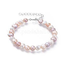 Natural Freshwater Pearl Beaded Bracelets, with Iron Extension Chain, Brass Findings, Mixed Color, Platinum, 7-1/4 inch~7-1/2 inch(18.5~19cm)