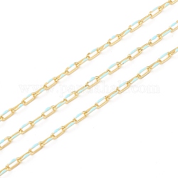 Handgefertigte goldene Messing-Emaille-Gliederketten, Kabelketten, mit Spule, gelötet, langlebig plattiert, Oval, Zyan, 7x3x1 mm, 32.8 Fuß (10m)/Rolle