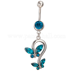 Piercing bijoux véritable platine plaqué laiton strass double papillon nombril anneau ventre anneaux, zircon bleu, 51x17mm, longueur de la barre : 3/8