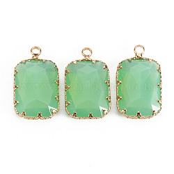 Transparent Glass Pendants, with Brass Prong Settings, Faceted, Rectangle, Light Gold, Light Green, 24x14x6mm, Hole: 1.6mm
