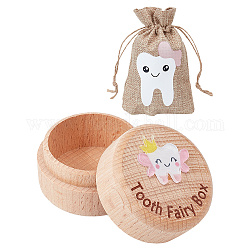 Gomakerer 1 scatola portaoggetti rotonda in legno per ricordi dei denti da latte, bambina prima collezione di denti decidui persi, per i regali della doccia per bambini, con sacchetti di tela da imballaggio, bisque, scatola: 5.2x3.8 cm