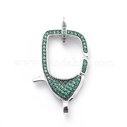 Brass Micro Pave Cubic Zirconia Lobster Claw Clasps, with Bail Beads/Tube Bails, Green, Platinum, Clasp: 31x21x7mm, Hole: 3mm, Tube Bails: 10x8x2mm, Hole: 1mm