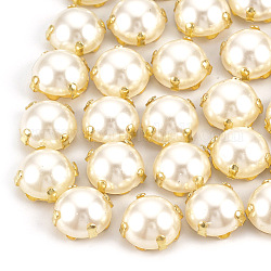 Abs пластиковые кнопки имитации жемчуга, с латунной фурнитурой , полукруглый, кремово-белые, золотые, 10x10x6 мм, отверстие : 1.2 мм