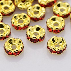 Perles séparateurs en laiton avec strass, Grade a, bord ondulé, métal couleur or, rondelle, light siam, 6x3mm, Trou: 1mm