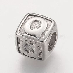 304 Stainless Steel European Beads, Horizontal Hole, Large Hole Beads, Cube with Letter.Q, 8x8x8mm, Hole: 4mm