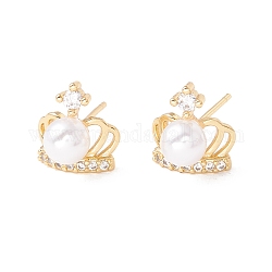 Clear Cubic Zirconia Crown Stud Earrings with Acrylic Pearl, Brass Jewelry for Women, Lead Free & Cadmium Free, Real 18K Gold Plated, 12x11mm, Pin: 0.8mm