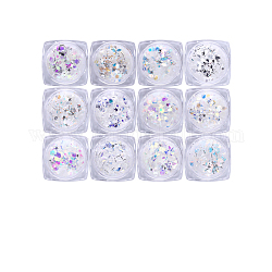 Laser Shiny Nail Art Decoration Accessories, with Glitter Powder and Sequins, DIY Sparkly Paillette Tips Nail, Mixed Color, 0.1~3.5x0.1~3.5mm, 12colors/set