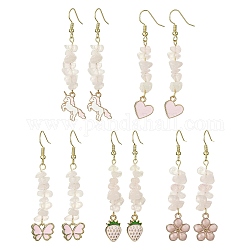 Natural Quartz Crystal Chips Dangle Earrings, Alloy Enamel Drop Earrings with Brass Pins, Mixed Shapes, 60~69x10~16.5mm