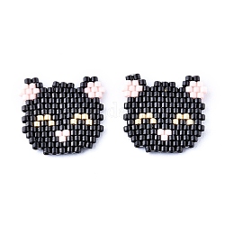 Ciondoli di perline fatte a mano, con filo elastico, modello telaio, forma di gatto, nero, 18~19x19~20x1.5mm
