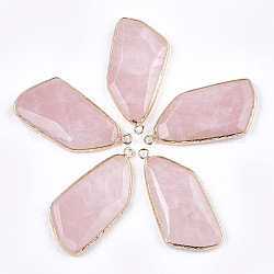 Pendentifs de quartz rose naturel, avec les accessoires en laiton, facette, or, 43~47x22x6~7mm, Trou: 2mm
