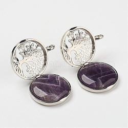 Natural Amethyst Pendants, with Brass Diffuser Locket Findings, Flat Round with Tree, 31x26x8mm, Hole: 4mm