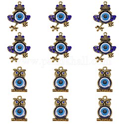 12Pcs 2 Style Alloy Pendants, with Resin and Rhinestone, Owl & Frog with Evil Eye, Antique Bronze, 30x18x5.5mm, Hole: 1.8mm and 37.5x27.5x5mm, Hole: 2mm, 6pcs/style