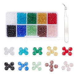 Kits de fabricación de pulseras de joyería de diy, Incluye 1000 pieza de 10 cuentas de vidrio facetadas de color, 410 pinza puntiaguda de acero inoxidable, color mezclado, 4mm, agujero: 1 mm, 100 piezas / color