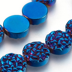 Granos de hematites sintético no magnéticos electrochapados hebras, textura redonda plana, azul chapado, 12x4mm, agujero: 1 mm, aproximamente 33 pcs / cadena, 15.7 pulgada (40 cm)