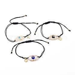 Bracelets de perles de nylon tressés réglables, avec 304 breloques en acier inoxydable et perles de coquillages d'eau douce naturels mauvais œil, perles rondes au chalumeau mauvais œil, noir, diamètre intérieur: 1-1/2~4 pouce (3.8~10.2 cm)