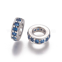 Perles européennes en laiton avec zircone cubique, Perles avec un grand trou   , anneau, platine, bleuet, 7.5x2.5mm, Trou: 4.5mm