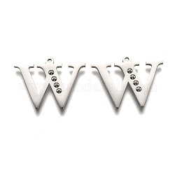 304 pendentif lettre en acier inoxydable sertis strass, letter.w, 16x21.5x1.5mm, Trou: 1.2mm, ajustement de: strass 1.6mm