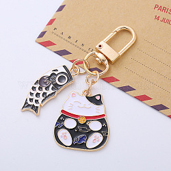 Alloy Enamel Pendant Keychain, with Alloy Swivel Clasps, Koi Fish with Fortune Cat, Black, 6.5cm