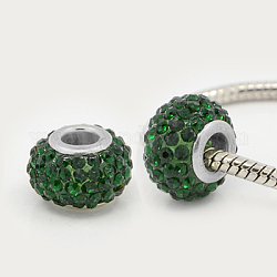 Perles européennes en résine avec strass, Perles avec un grand trou   , rondelle, de couleur métal platine , émeraude, 15x10mm, Trou: 5mm