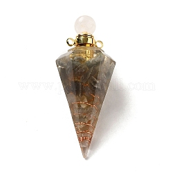 Colgantes de botella de perfume de labradorita natural, colgantes de cono facetado de resina con tapón de rosca de latón chapado en oro, 46.5~48x19~20x17~18mm, agujero: 1.8 mm