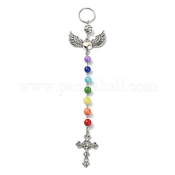 Portachiavi con ciondolo in lega di ali, con 7 perle di pietre preziose chakra per la decorazione del pendente della chiave dell'auto della borsa da donna, croce, 20.1x4.45cm