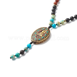 Ovl avec collier pendentif guan yin, collier de pierres de lave naturelles et de jaspe impérial et de perles d'indonésie et de bois, 108 collier de perles de prière bouddhistes, 42.52 pouce (108 cm)