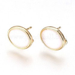 Brass Stud Earring Findings, with Loop, Enamel, Nickel Free, Flat Round, Real 18K Gold Plated, White, 10x8x2mm, Hole: 1.5mm, Pin: 0.8mm