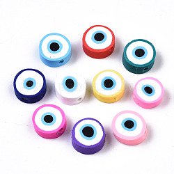 Manuell Polymer Ton Perlen, flach rund mit bösen Blick, Mischfarbe, 9~10x3.5~4.5 mm, Bohrung: 1.5 mm