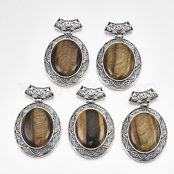 Naturale occhio di tigre grandi ciondoli, con accessori in lega, ovale, argento antico, 60x46x15mm, Foro: 8x5 mm