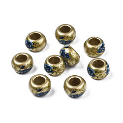Spray Painted Opaque Acrylic Beads, Large Hole Beads, Rondelle with Flower, Marine Blue, 15x9mm, Hole: 7mm